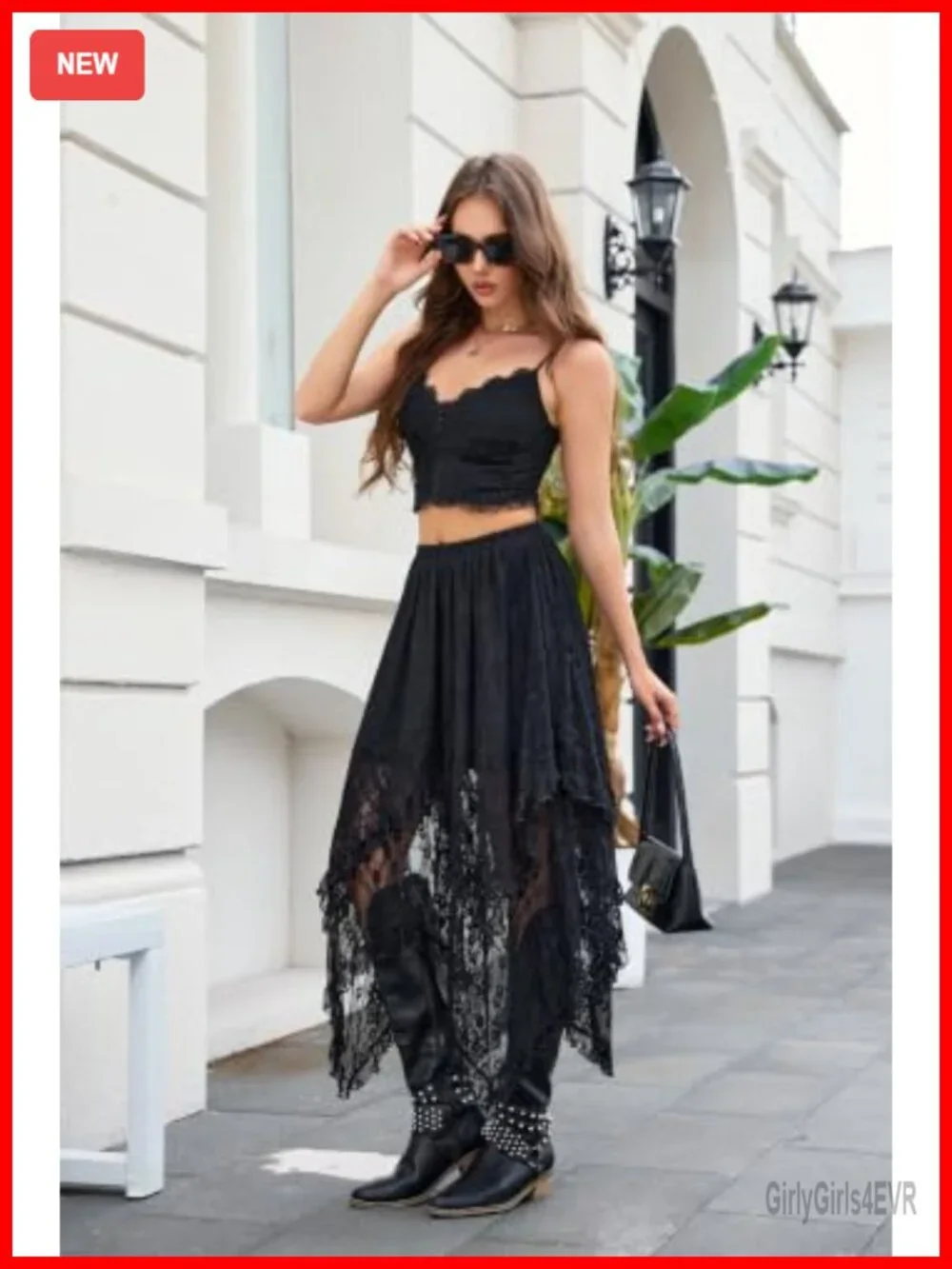Lace Maxi Skirt Asymmetrical Ruffle Hem Flowy Boho Womens